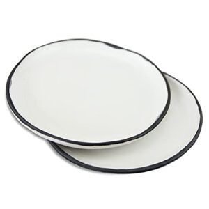 roro Hand-Molded Glossy Ceramic Stoneware White Tabletop Appetizer Plates with Hand-Drawn Black Border, Set of 2