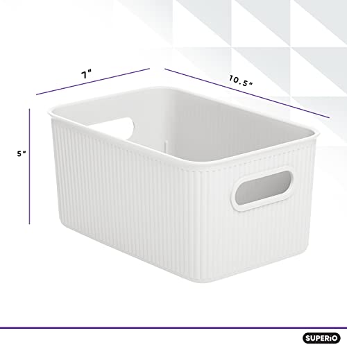 Superio Decorative Plastic Lidded Home Storage Bins Organizer Baskets, Medium White (1 Pack - 5 Liter) Stackable Container Box, for Organizing Closet Shelves Drawer Shelf - Ribbed Collection