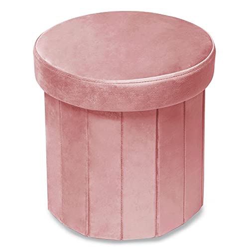 Phantoscope Storage Ottoman Round15 Inch, Velvet Folding Storage Boxes Footrest Stool Toy Box, Padded Seat for Dorm Living Room Bedroom, Support 220lbs Pink