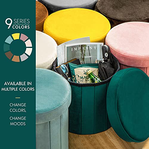 Phantoscope Storage Ottoman Round15 Inch, Velvet Folding Storage Boxes Footrest Stool Toy Box, Padded Seat for Dorm Living Room Bedroom, Support 220lbs Pink