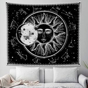 instruban sun and moon tapestry - black and white burning sun god with 12 constellations stars - psychedelic wall hanging for bedroom & living room - 51.2 x 59.1 inches