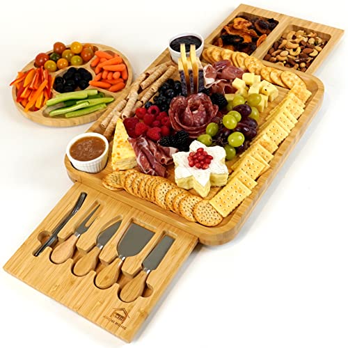 Charcuterie Board Set - Bamboo Cheese Board and Knife Set - Large Cheese Tray for Serving at Parties - For Cheese and Charcuterie Lovers