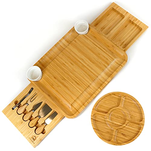 Charcuterie Board Set - Bamboo Cheese Board and Knife Set - Large Cheese Tray for Serving at Parties - For Cheese and Charcuterie Lovers