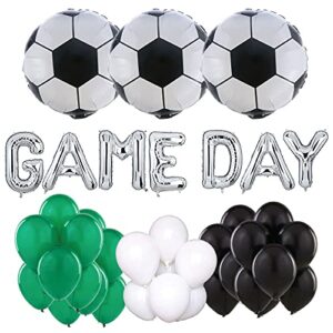 hall & perry game day soccer balloon kit with mylar letters and soccer balls and latex white green and black balloons