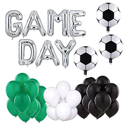 Hall & Perry Game Day Soccer Balloon Kit with Mylar Letters and Soccer Balls and Latex White Green and Black Balloons