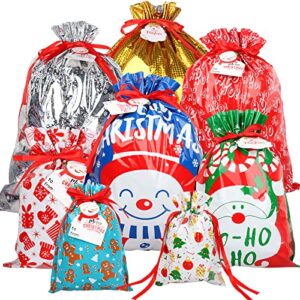 giiffu christmas drawstring gift bags, 40pcs santa wrapping bag in 8 sizes and 8 designs with tags for xmas holiday presents party favor wrapping