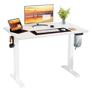 meilocar height adjustable electric standing desk, sit stand computer desk with memory controller, home office workstation stand up desk with splice board, 48" x 24" tabletop (white top + white frame)