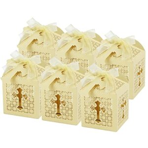 lemeso 50 pieces baptism favor boxes, laser cut favor boxes with 50 ribbons and 50 cross tags, great for christian, baby shower, wedding small gift bags decorations - gold color