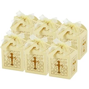 LEMESO 50 Pieces Baptism Favor Boxes, Laser Cut Favor Boxes with 50 Ribbons and 50 Cross Tags, Great for Christian, Baby Shower, Wedding Small Gift Bags Decorations - Gold Color