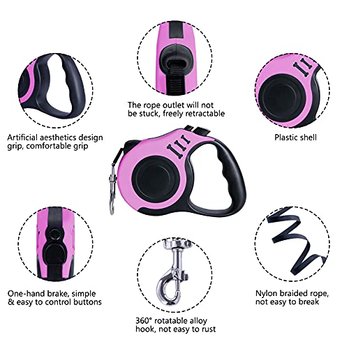 Dunhuang Retractable Dog Leash for X-Small/Small/Medium, 10ft (for Dogs Up to 22lbs), with 1 Free Portable Silicone Dog Bowl + 1 Waste Bag Dispenser + 3 Waste Bag (Pink)