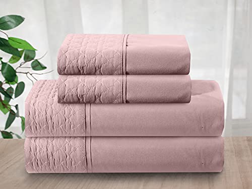 Elegant Comfort Luxury Soft Coziest 4-Piece Bed Sheet Set 1500 Thread Count Egyptian Quality Wrinkle Resistant Beautiful Quilted Design on Flat Sheet and Pillowcases, Queen, Dusty Rose