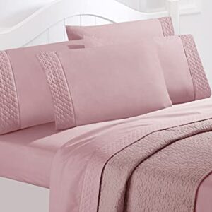 Elegant Comfort Luxury Soft Coziest 4-Piece Bed Sheet Set 1500 Thread Count Egyptian Quality Wrinkle Resistant Beautiful Quilted Design on Flat Sheet and Pillowcases, Queen, Dusty Rose