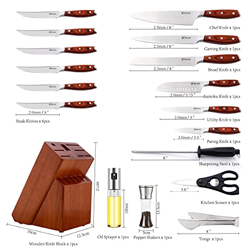 HISSF Japanese Knife Set 18 Piece German High Carbon Stainless Steel Kitchen Knife Sets with Wooden Block, Full Tang Triple Rivet kitchen Knife Block Set for Gift, Chef Knife Set