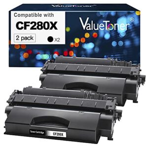valuetoner 80x compatible toner cartridge replacement for hp cf280x cf280a 80a 05a ce505a to use with pro 400 m401dn, m401dne, m401n, mfp m425dn, m425dw, p2055dn printer (2 black)