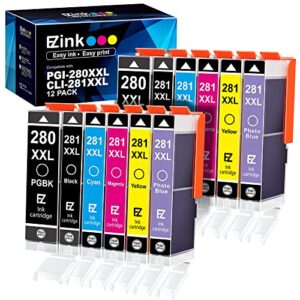 e-z ink (tm compatible ink cartridge replacement for canon pgi-280xxl cli-281xxl pgi 280xxl cli 281xxl to use with pixma ts9120 ts8120 ts8220 (pgbk, black, photo blue, cyan, magenta, yellow) 12 pack