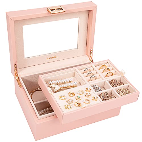 LANDICI Jewelry Organizer Box for Women Teen Girls,Large Jewelry Storage Case with Mirror,2 Layer Removable Stackable Tray,Leather Jewellery Display Holder for Ring Necklace Earring Bracelets,Pink