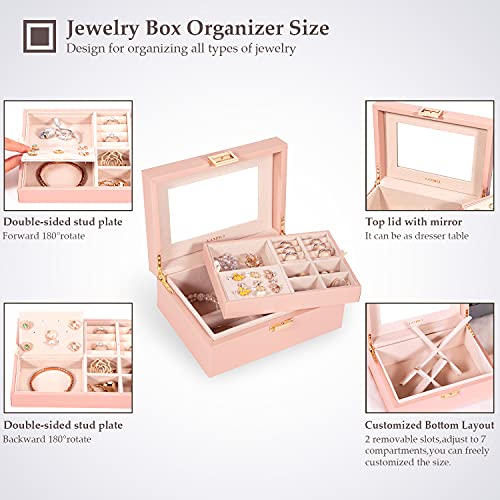 LANDICI Jewelry Organizer Box for Women Teen Girls,Large Jewelry Storage Case with Mirror,2 Layer Removable Stackable Tray,Leather Jewellery Display Holder for Ring Necklace Earring Bracelets,Pink