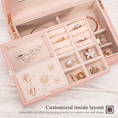 LANDICI Jewelry Organizer Box for Women Teen Girls,Large Jewelry Storage Case with Mirror,2 Layer Removable Stackable Tray,Leather Jewellery Display Holder for Ring Necklace Earring Bracelets,Pink