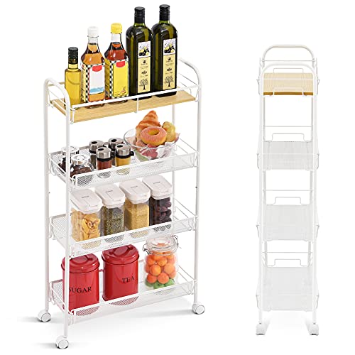 KINGRACK 4-Tier Slim Rolling Storage Cart with Wooden Tabletop,Skinny Mobile Kitchen Pantry Cart Metal with Wheels, Slide Out Utility Narrow Rolling Cart Easy Assemble for Tight Spaces, White