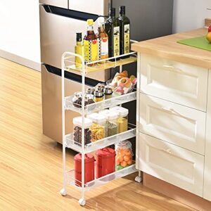KINGRACK 4-Tier Slim Rolling Storage Cart with Wooden Tabletop,Skinny Mobile Kitchen Pantry Cart Metal with Wheels, Slide Out Utility Narrow Rolling Cart Easy Assemble for Tight Spaces, White
