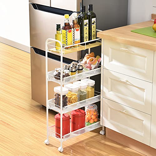 KINGRACK 4-Tier Slim Rolling Storage Cart with Wooden Tabletop,Skinny Mobile Kitchen Pantry Cart Metal with Wheels, Slide Out Utility Narrow Rolling Cart Easy Assemble for Tight Spaces, White