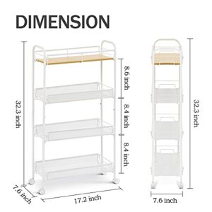 KINGRACK 4-Tier Slim Rolling Storage Cart with Wooden Tabletop,Skinny Mobile Kitchen Pantry Cart Metal with Wheels, Slide Out Utility Narrow Rolling Cart Easy Assemble for Tight Spaces, White