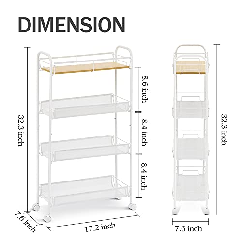 KINGRACK 4-Tier Slim Rolling Storage Cart with Wooden Tabletop,Skinny Mobile Kitchen Pantry Cart Metal with Wheels, Slide Out Utility Narrow Rolling Cart Easy Assemble for Tight Spaces, White