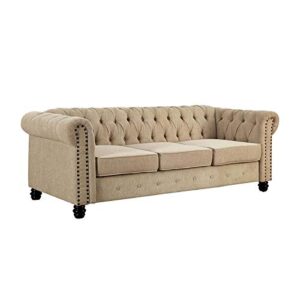 bowery hill 17" modern linen fabric upholstered button tufted sofa in beige