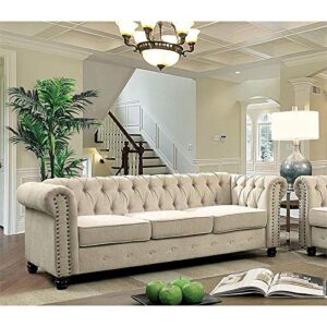 BOWERY HILL 17" Modern Linen Fabric Upholstered Button Tufted Sofa in Beige