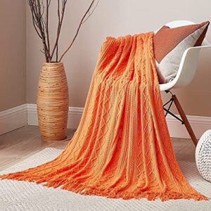 dream sunset knit throw blanket 50 x 60 inch, for couch, sofa, bed and decoration. super soft, comfy and lightweight for new spring. original pattern with tassel fringes. sunrise orange