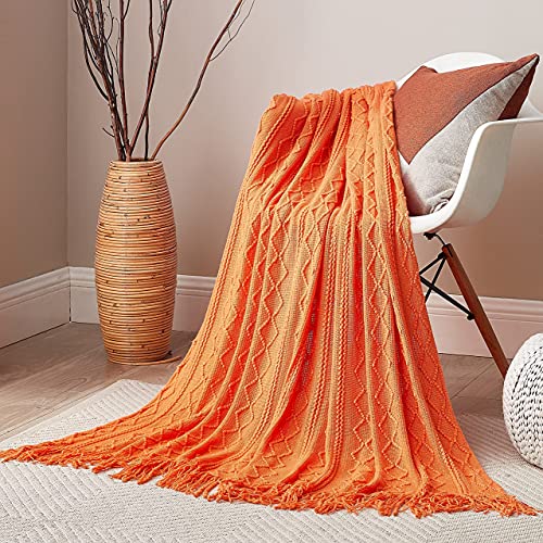 Dream Sunset Knit Throw Blanket 50 x 60 Inch, for Couch, Sofa, Bed and Decoration. Super Soft, Comfy and Lightweight for New Spring. Original Pattern with Tassel Fringes. Sunrise Orange