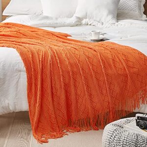 Dream Sunset Knit Throw Blanket 50 x 60 Inch, for Couch, Sofa, Bed and Decoration. Super Soft, Comfy and Lightweight for New Spring. Original Pattern with Tassel Fringes. Sunrise Orange