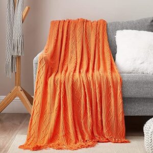 Dream Sunset Knit Throw Blanket 50 x 60 Inch, for Couch, Sofa, Bed and Decoration. Super Soft, Comfy and Lightweight for New Spring. Original Pattern with Tassel Fringes. Sunrise Orange