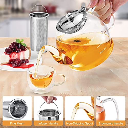 Glass Teapot, 33 oz / 1000ml Glass Teapot with Removable Infuser, Clear Teapot for Blooming Tea, Loose Tea, Flowering Tea Pot, Scale line Borosilicate Glass Teapot Stovetop Safe Tea Brewer Guide