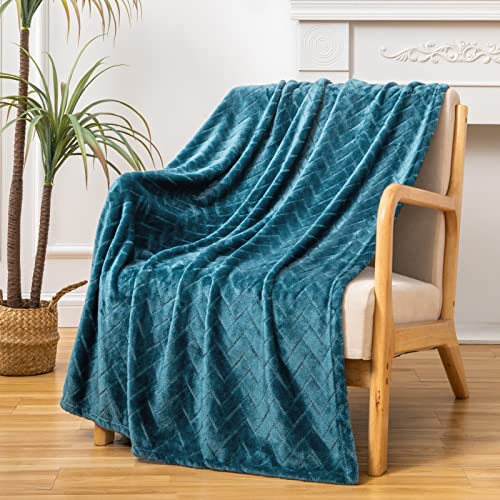 Whale Flotilla Plush Fleece Throw Blanket for Couch with Chevron Pattern, Decorative Soft Fluffy Throw Blanket for Sofa, Cozy and Lightweight, Teal, 50x65 Inch