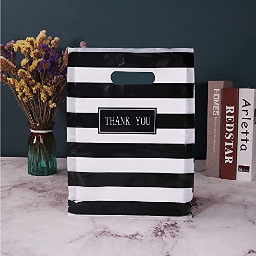 Thank You Merchandise Bags,Daarcin 100pcs 12x16in Shopping Bag,Black and White Stripes Die Cut Plastic Bags with Handle for Boutique,Party,Goodie Bags,Stores,Clothes, Reusable Retail Bags for Bussiness