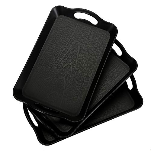 Cedilis 3 Pack Black Serving Trays with Handles,16 x 11IN Rectangular Non Skid Multi-Purpose Plastic Tray for Restaurant, Parties, Coffee Table, Kitchen