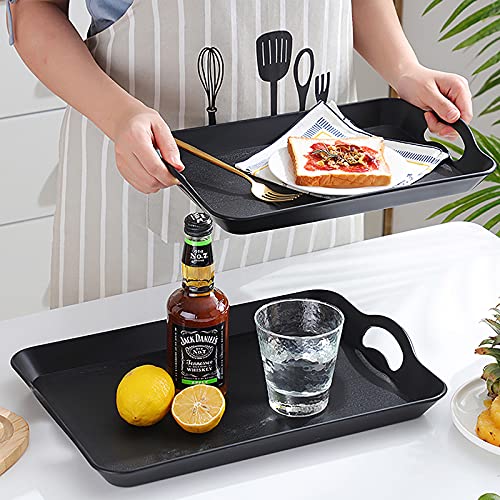 Cedilis 3 Pack Black Serving Trays with Handles,16 x 11IN Rectangular Non Skid Multi-Purpose Plastic Tray for Restaurant, Parties, Coffee Table, Kitchen