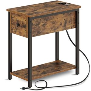 rolanstar end table, sturdy side table with charging station, 2 usb ports, drawer, shelf and large storage, narrow bedside table for sofa, living room (rustic brown)