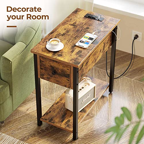 Rolanstar End Table, Sturdy Side Table with Charging Station, 2 USB Ports, Drawer, Shelf and Large Storage, Narrow Bedside Table for Sofa, Living Room (Rustic Brown)