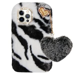 Furry Case for Samsung Galaxy S21 FE 5G, Girlyard Soft Fluffy Plush Faux Rabbit Fur Warm Hairy Shockproof Silicone Bumper Protective Cover with Cute Love Heart Hair Ball Pendant - Zebra White