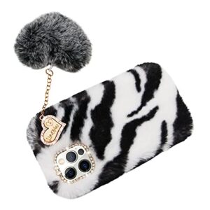 Furry Case for Samsung Galaxy S21 FE 5G, Girlyard Soft Fluffy Plush Faux Rabbit Fur Warm Hairy Shockproof Silicone Bumper Protective Cover with Cute Love Heart Hair Ball Pendant - Zebra White