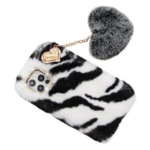 Furry Case for Samsung Galaxy S21 FE 5G, Girlyard Soft Fluffy Plush Faux Rabbit Fur Warm Hairy Shockproof Silicone Bumper Protective Cover with Cute Love Heart Hair Ball Pendant - Zebra White