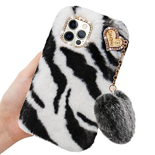 Furry Case for Samsung Galaxy S21 FE 5G, Girlyard Soft Fluffy Plush Faux Rabbit Fur Warm Hairy Shockproof Silicone Bumper Protective Cover with Cute Love Heart Hair Ball Pendant - Zebra White