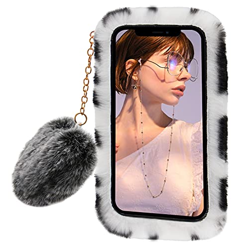 Furry Case for Samsung Galaxy S21 FE 5G, Girlyard Soft Fluffy Plush Faux Rabbit Fur Warm Hairy Shockproof Silicone Bumper Protective Cover with Cute Love Heart Hair Ball Pendant - Zebra White