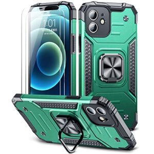 vomodi compatible for iphone 12 case,with screen protector 2pcs,heavy duty shockproof bumper,with magnetic stand ring & camera cover,hard protective phone cases for iphone 12 6.1 inch green