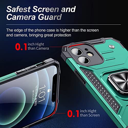 VOMODI Compatible for iPhone 12 Case,with Screen Protector 2Pcs,Heavy Duty Shockproof Bumper,with Magnetic Stand Ring & Camera Cover,Hard Protective Phone Cases for iPhone 12 6.1 inch Green