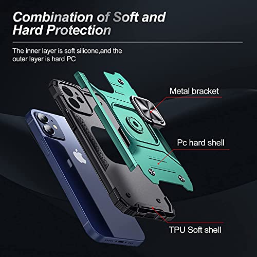 VOMODI Compatible for iPhone 12 Case,with Screen Protector 2Pcs,Heavy Duty Shockproof Bumper,with Magnetic Stand Ring & Camera Cover,Hard Protective Phone Cases for iPhone 12 6.1 inch Green