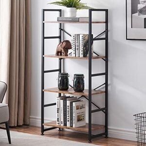 hasiodxe industrial 4 tier bookshelf, wood etagere bookshelves and bookcase with metal frame, rustic standing unit shelf display rack for living room/home office, vintage brown