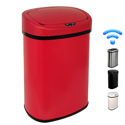 Hkeli 13 Gallon Trash Can Garbage Can Kitchen Trash Can Automatic Touch Free High Capacity 50 Liter for Bathroom Bedroom Home Office Waste Bin with Lid Brushed Stainless (Red) 17.3 x 13 x 23.6 inches